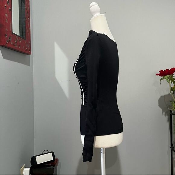 NEW Bebe Ruched Striped Plunge V-Neck Two Tone Fitted Long Sleeve Sweater S NWOT - Picture 7 of 15